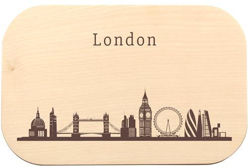 London Skyline Brotzeitbrett mit Gravur - Ahorn Schneidebrett für London Fans, Geschenkidee für England Reisende, Brotzeitbrettchen Holz für Frühstück, Brot, Wurst, Käse oder Snacks
