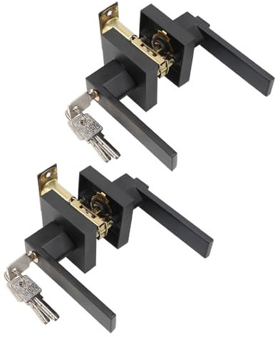 diceevil Poignée de porte à Levier, lot de 2 poignées de porte intérieure noires avec serrure et clé, poignée de porte d'entrée carrée pour chambre à coucher, bureau, gauche ou droite