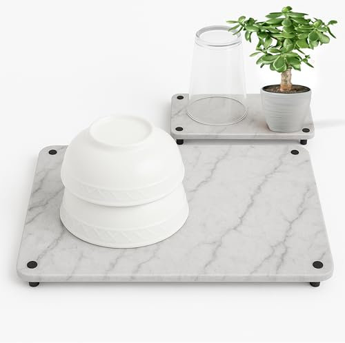 Alfombrilla de secado de piedra grande para encimera de cocina de 17.8 x 13.8 pulgadas con bandeja de fregadero de piedra, alfombrilla de secado de platos de tierra de diatomeas con 8 patas de
