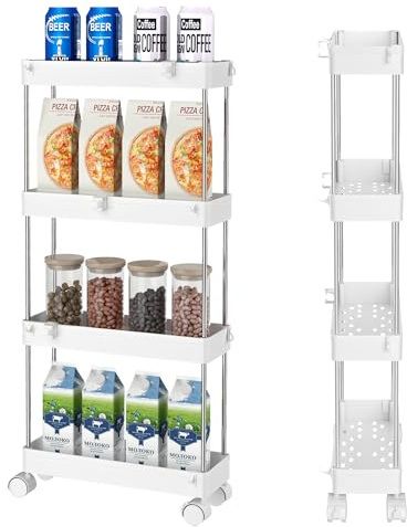 DIYGEEK Rollwagen Schmal Weiß, Küchenwagen mit 4 Ebenen, Nischenregal mit 11 Haken, 360° drehbare Räder für Küche, Bad, Schlafzimmer, Büro