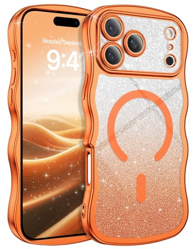 BENTOBEN Magnetic Case for iPhone 17 Pro Max [Compatible with MagSafe], Glitter Card & Full Camera Protection Clear Anti-yellow Electroplated Wave Shockproof Case for iPhone 17 Pro Max, Cosmic Orange