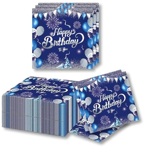 fKiZanthene 40 Stück Partyservietten, Happy Birthday, blaue Servietten mit silbernem Aufdruck, Papierservietten aus Zellstoff, für Geburtstagsfeier und Esstisch
