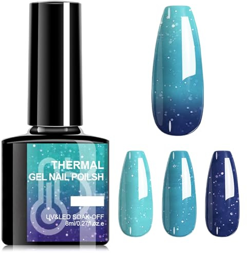 Farbwechsel Blau Glitzernd UV Gel Nagellack - 8ml Temperatur Wechselnd Nagelack, Color Changed Nail Polish für UV/LED lampe, der eingeweicht entfernt werden kann - Geeignet für DIY Nageldesign Frauen