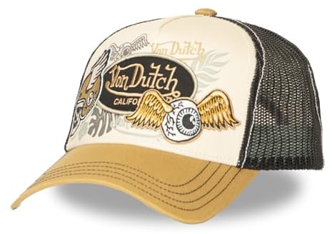 Von Dutch Cap Herren und Damen, Trucker Patches, Beige 15 | Unisex, Erwachsene 55,5-60cm, Verschluss Snapback, Steifes Mesh, Gebogener Schirm, Vintage