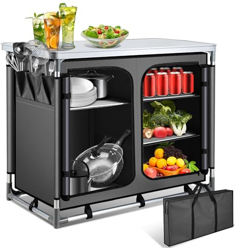 ISOISL Cuisine de camping avec 5 compartiments de rangement et compartiment XXL (45 cm) – Structure en aluminium, pieds réglables en hauteur, armoire de cuisine d'extérieur démontable, pour camping