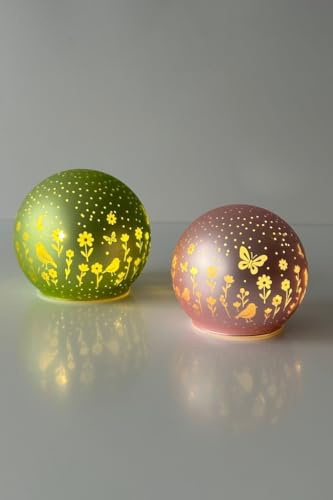 Tiziano® Deko Lichtkugeln Polline LED rosa 10cm, grün 13cm | Hochwertige Keramik, Glänzendes Schmetterlingmuster, Stimmungsvolle Beleuchtung, Für Wohnzimmer & Fensterbank