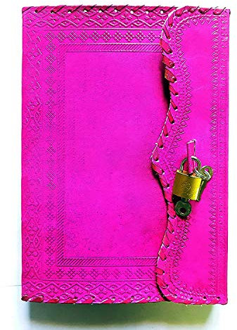 10 Leather Journal with Lock Writing Pad Blank Notebook Handmade Notepad Men & Women Unlined Paper Best Present Art Sketchbook Travel Diary to Write Book of Shadow Refillable Grimoire Pink