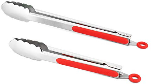 Pinzas de cocina de acero inoxidable 304, juego de 2 pinzas resistentes de 9 y 12 pulgadas para asar a la parrilla, con bloqueo cepillado, agarre ergonómico, color rojo
