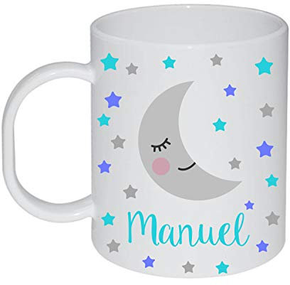 Kembilove Taza de Desayuno Infantil Personalizada – Tazas Plástico Personalizadas con el Nombre del Niño o Niña Vuelta al Cole – Diseño Luna y estrellas azul