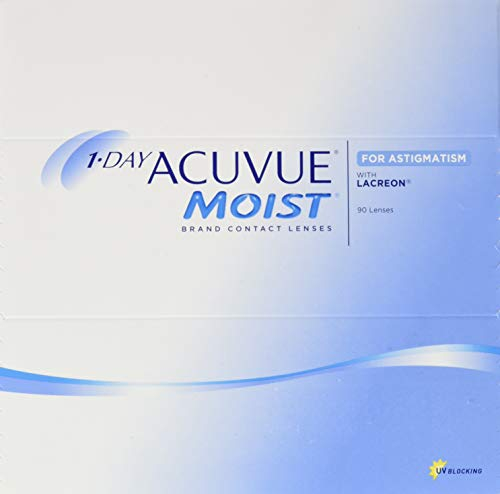 ACUVUE MOIST 1-DAY for Astigmatism Tageslinsen – Tageskontaktlinsen mit -1.25 dpt, Cyl -2.25, Ach 10 & BC 8.5 – UV Schutz, feuchtigkeitsspendend & angenehmes Tragegefühl – 90 Linsen