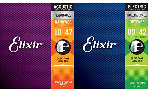 Cordes Elixir® en Bronze 80/20 pour guitare acoustique avec revêtement NANOWEB®, Extra Light (.010-.047) & Cordes Elixir® pour guitare électrique avec revêtement OPTIWEB®, Super Light (.009-.042)