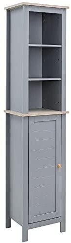 kleankin Bathroom Floor Storage Cabinet with 3 Tier Shelf and Cupboard with Door, Free Standing Linen Tower, Tall Slim Side Organizer Shelves, Grey