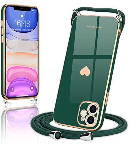 Wirvyuer Coque avec Cordon pour iPhone 11, Ultra Mince Silicone Souple Étui en Motif Coeur avec Chaîne Collier Réglable Téléphone Portable Lanyard Case iPhone 11 Vert