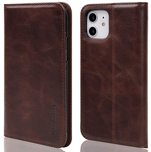 VISOUL iPhone 11 Hülle,Stoßfeste Handyhülle [Erstklassiges Rindsleder] TPU Schutzhülle [Kartenfach] [Magnetverschluss], Standfunktion Lederhülle Kompatibel für iPhone 11 6,1 Kaffee