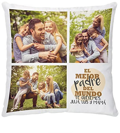 Made in Gift Cojín Personalizado con Fotos y Texto de Diseño Collage “El Mejor Padre del Mundo” Regalo Original para Padres