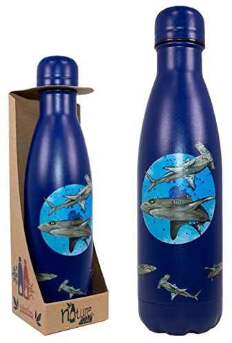 NatureVac Reusable Stainless Steel Shark Water Bottle 500ml, BPA Free Thermal Vacuum Insulated Bottle for 12 Hours Hot and 24 Hours Cold Drinks - Leakproof Flask Water Bottle for Gym, Travel, Sports