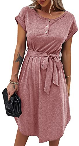 Bequemer Laden Sommer Damen Kleid Knopfleiste Kurzarm Locker Kleider Elegant Sommerkleid Strandkleid Freizeitkleid Midikleid Businesskleid mit Taille Krawatte, Rosa, L