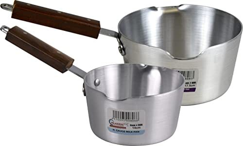 Sterling Ventures Klassic Combo Aluminium Cooking Saucepan Milk Pan with Heavy Gauge Wooden Handle (14cm & 17.5cm), Silver