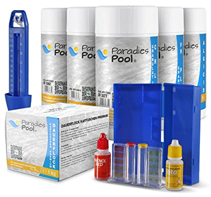 Wasserpflege-Set, 8-teilig, Chlor Granulat, Algenschutz, pH Plus Minus, Multi-Tabletten, Flockkartuschen, Pool-Reinigungsset inkl. Thermometer & Wassertester
