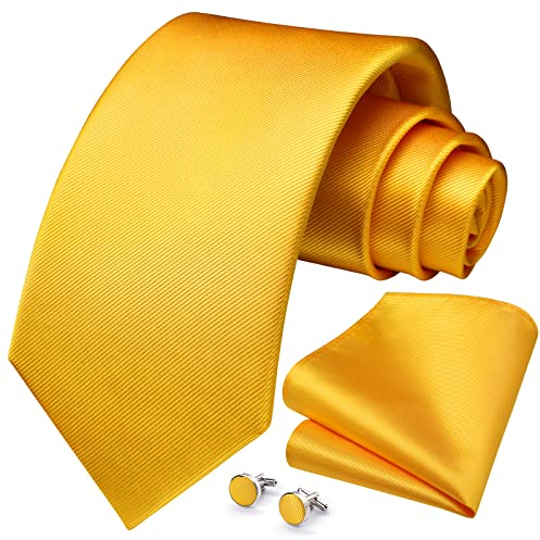 HISDERN Herren Hochzeit Gelb Krawatten und Einstecktuch Solide Krawatte Manschettenknöpfe Set