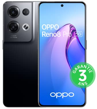 OPPO Reno 8 Pro - Smartphone 5G - 8GB RAM + 256GB - Triple sensor de fotos 64MP, frontal 32MP - Pantalla AMOLED de 120Hz 6.7 - Batería 4500mAh + Carga rápida 80W - Negro helado [versión ES]