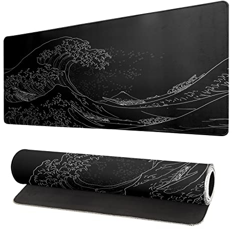Brecoy Tappetino per mouse grande con onda del mare giapponese, anime gaming, tappetino Khanagawa, tappetino da scrivania, spessore 3 mm, fondo in gomma antiscivolo, 80 x 30 cm