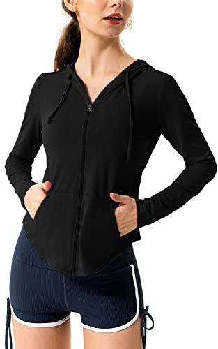 Hanyomo Mujeres Manga larga UPF 50 + protector solar Chaquetas deportivas Capucha Camiseta de fitness Bolsillo Yoga Cremallera completa Jacket Negro S