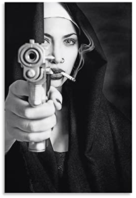 Smoking Nun Holding A Holy Gun and Shooting Black and White Aesthetics Leinwand-Kunstposter und Wandkunst-Bild Druck Moderne Familien-Schlafzimmer Dekor Poster 30 x 45 cm