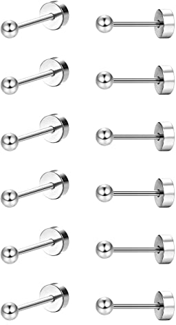 JeryWe 6 Paare Titan Ohrstecker Damen Männer Mädchen G23 Titan Kugel Hypoallergene Ohrringe Ohr Piercing Set Knorpel Helix Flache Rückseite Ohrring für empfindliche Ohren 20G 2mm