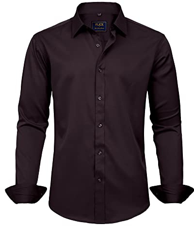 J.VER Men's Dress Shirts Solid Long Sleeve Stretch Wrinkle-Free Formal Shirt Business Casual Button Down Shirts, Dark Brown, Medium