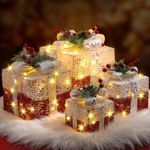 Yunlly 4 Pcs Christmas Lighted Gift Boxes Decorations 16.4 ft LED Strings Light up Under The Xmas Tree Present Boxes with Pine Ribbon Bows for Indoor Outdoor Party Yard Lawn Porch Decor(Novelty)