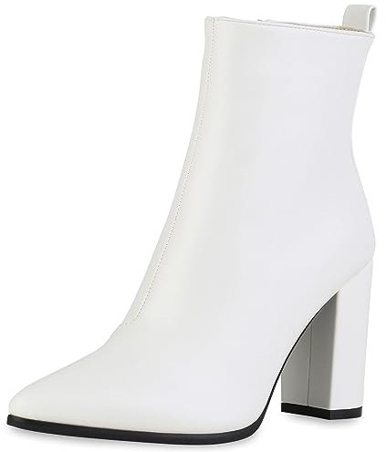 VAN HILL Damen Klassische Stiefeletten Blockabsatz Basic Trendy Schuhe 840337 213278 Weiss 40