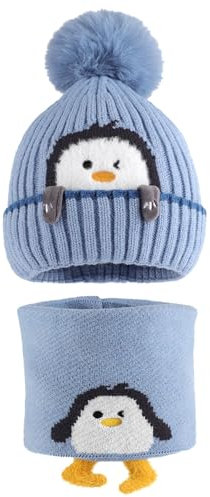 MASOCIO Wintermütze Baby Mütze Schal Set Kinder Junge Mädchen Winter Herbst Warme Babymütze mit Bommel Kindermützen Loop Strickmütze Fleece Beanie Hat 1-3 Jahr Blau