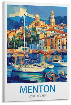 Menton Reiseposter, Motiv: Côte D'azur im Vintage-Stil, 50 x 75 cm, Leinwanddruck, Wandkunst, Gemälde für Zuhause, Büro, Wohnzimmer, Dekoration