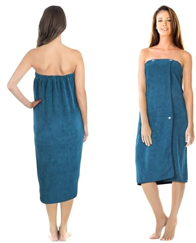 Jokisa Saunakilt Damen,Saunahandtuch mit Knöpfen–Saunatuch Damen aus 400 g/m² Mikrofaser, mit Taschen und Gummiband,Handtuchkleid Damen Geeignet für Sauna,Badezimmer,Schwimmbad (Blue)