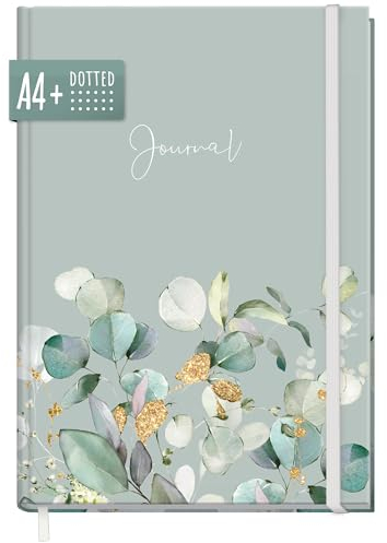 paper&you® Bullet Journal dotted A4+ mit Gummiband Minty Leaves 156 Seiten, Notizbuch gepunktet, Skizzenbuch, Tagebuch - nachhaltig & klimafreundlich