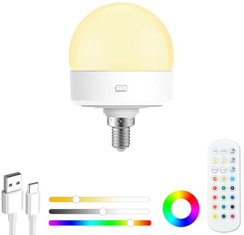 Funlenry E14 Rechargeable Light Bulb with Remote - Battery Light Bulb No Electricity for Wall Sconces, Table Lamp, Hanging Lights, Non-Hardwired (1 Pack)