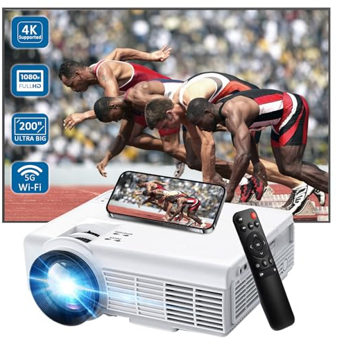 Mini Beamer 4K Heimkino,Full HD Native 1080p Beamer mit 5G WiFi und 5.0 BT,300 ANSI 10000Lux Android Heimkino Video Projektor mit Smartphone/TV Stick/Laptop/HDMI