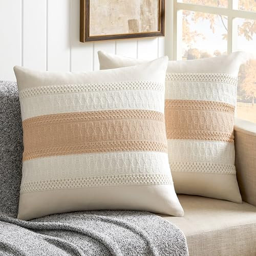 ZeeMart Boho-Kissenbezüge aus Baumwolle, 55,9 x 55,9 cm, kontrastierend, beige, weich, Landhaus, dekorative Couch-Kissenbezüge, neutrale Kissenbezüge für Sofa, Bett, Wohnzimmer, Heimdekoration, 2