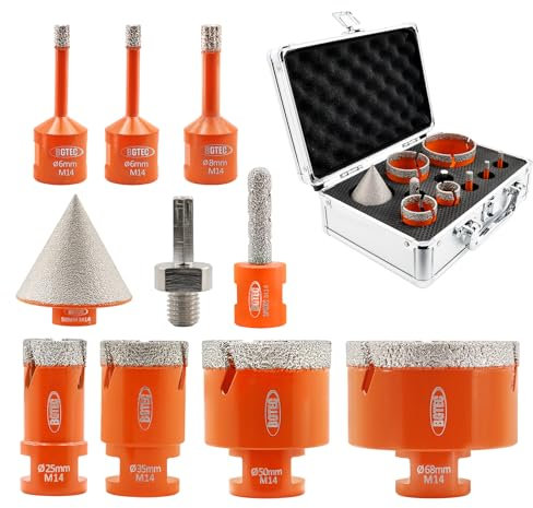 BGTEC Foret Diamant Kit Trépan Carrelage - 10pcs(6/6/8/25/35/50/68mm+10mm Fraise Diamanté+50mm diamant foret chanfrein) pour Porcelaine, Céramique, Carrelages, Granit, Marbre, Pierre