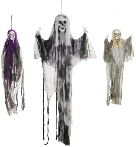 HOMCOM 3er-Set Halloween Dekoration, 90/110/200cm Hängendes Skelett | mit verstellbare Arme, Haustür Deko, Spukhaus-Requisite in Lebensgröße, für Hof Rasen, Garten, Party
