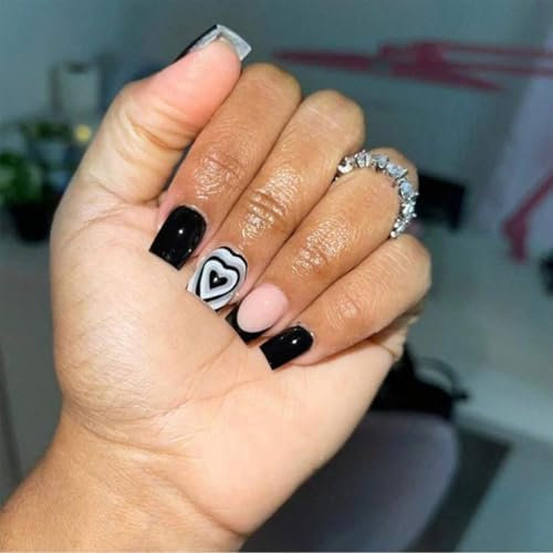 Kabwea Lot de 24 faux ongles noirs et blancs avec motif cœur français idéal pour diverses occasions