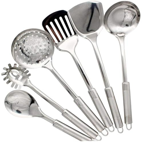 Juego de utensilios de cocina de acero inoxidable, 6 piezas juego de utensilios de cocina de metal resistente al calor para colgar en la pared juego de utensilios de cocina de acero inoxidable.