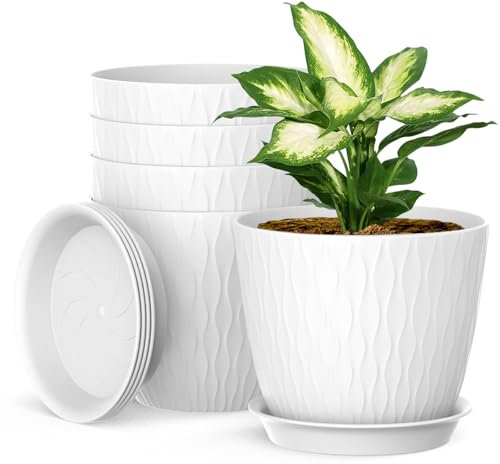 Homeuouz Lot de 5 pots de fleurs avec système d'irrigation, 17,8 cm, avec système d'irrigation, cache-pot avec soucoupe, idéal pour l'intérieur et les jardins de balcon, blanc