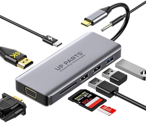 UP PARTS Hub USBC, Docking Station,UP-DS-9866T, 9 in 1,Porta Alimentazione USB C 100W, HDMI 4K, VGA, 1 porta USB3, 2 Porte USB2, Card Reader, Audio 3.5mm, Azienda Italiana