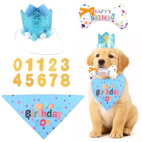 shallyong Hund Geburtstag Set, 4-teiliges für Jungen & Mädchen Hunde | Hundegeburtstag Deko mit Hut, Bandana, Knochen Spielzeug & Zahlen, Hundegeburtstag Geschenk für Jungen & Mädchen Hunde