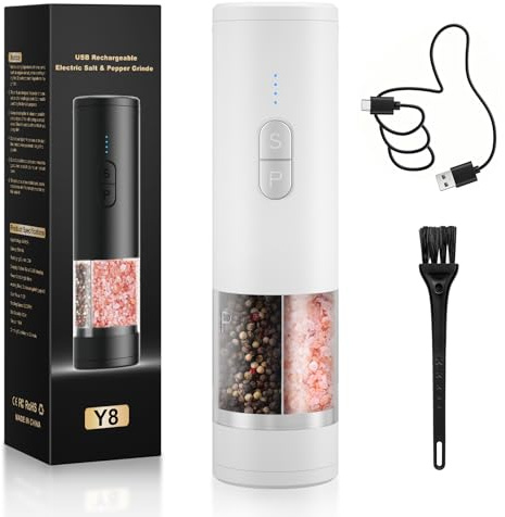 Electric Salt and Pepper Grinder Set Shakers 2 in 1-Rechargeable Automatic Pepper Mill, LED Lighting,Adjustable Grinder,Large Capacity-Ideal for Kitchen, BBQ (White)