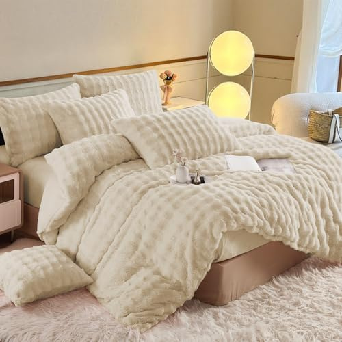 YASMENG Plüsch Bettwäsche 155x220 Winter Warm Beige Langhaar Bettwäsche Winter Super Weich Flauschig Kaninchenfellimitat Bettbezug Set Plüsch 3 Teilig mit Reißverschluss und 2 Kissenbezüge 80x80 cm