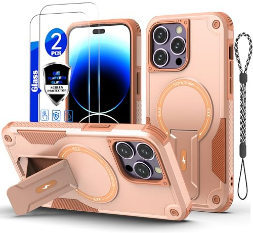 for iPhone 14 Pro Max Case [Compatible with MagSafe][with 2*9H Tempered Glass Screen Protector], Built in Invisible Stand,Shockproof Protective Phone Cover,for iPhone 14 Pro Max 6.7(Desert Gold)