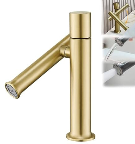 VICTOVA Grifo de Lavabo Giratorio con Altura Ajustable, Monomando de Baño de Acero Inoxidable – Caño Móvil, Doble Modo de Agua, Antisalpicaduras, Diseño Minimalista (Dorado cepillado)
